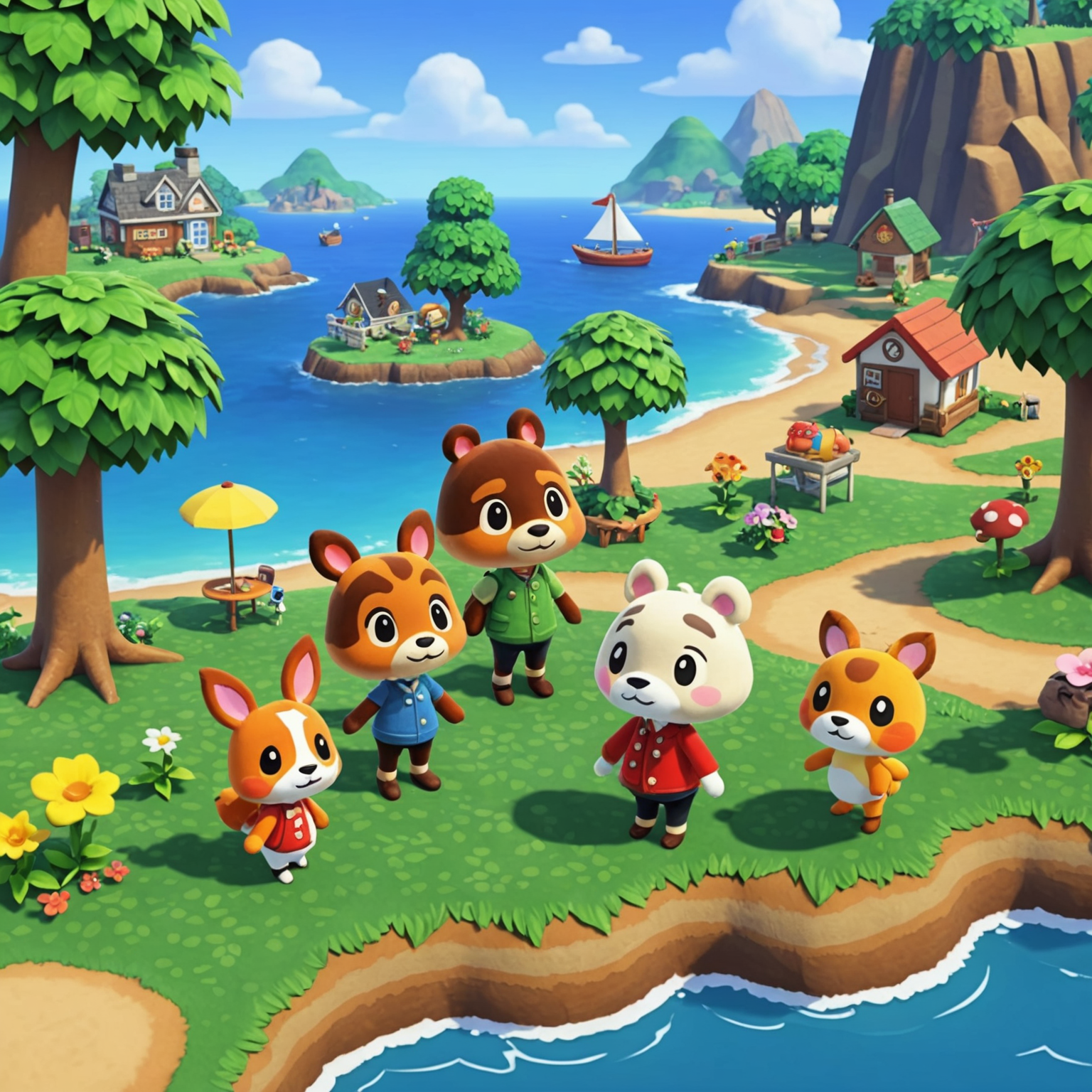 Скріншот гри Animal Crossing, де гравець взаємодіє з милими антропоморфними тваринами на красивому острові